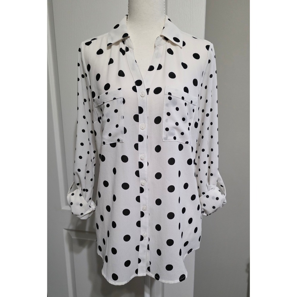 NY Collection Polka Dot Blouse Women Sz S White Black Roll Tab Button Up Shirt